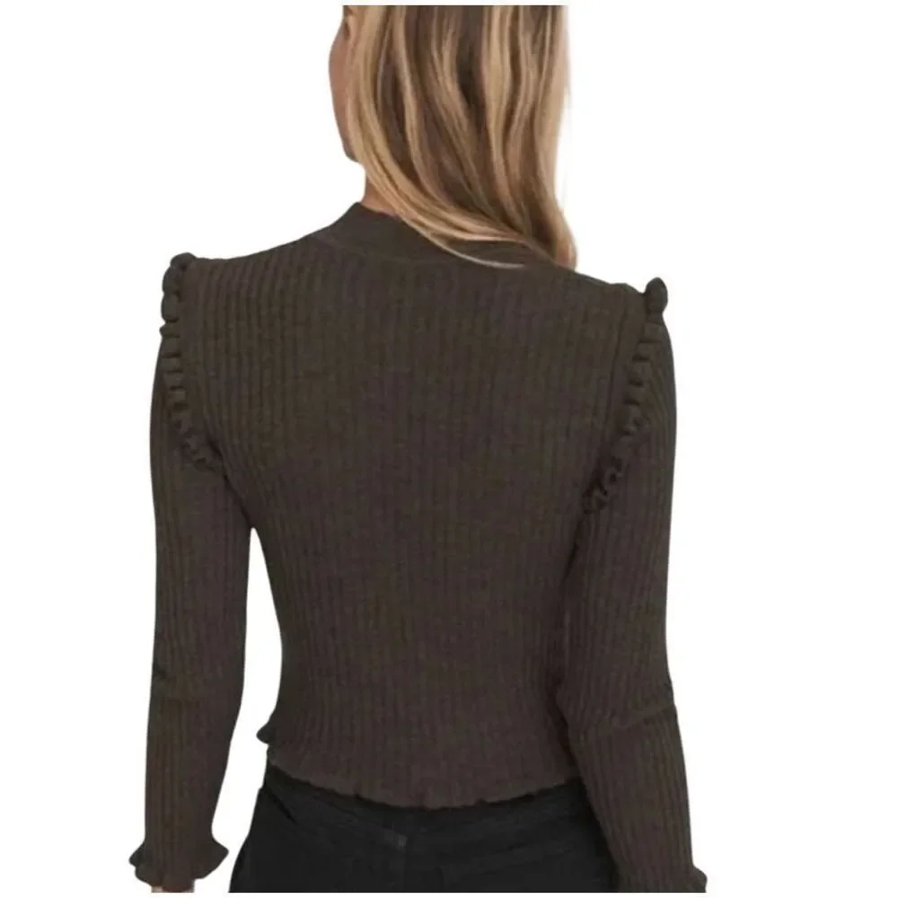 Something Navy Sara Sweater Extrafine Merino Wool Brown Ruffle Trim Cropped XS - Picture 2 of 10